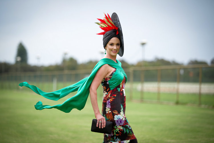 Best Dressed Accessories Owner Bethany Brajkovich in her own design sewn by Fyne Fit, Millinery by Holly Barker Millinery, clutch Olga Berg and hand made earrings by Stuart of The Glitter Co Subiaco.